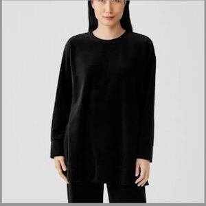 Eileen Fisher Solid Black Velour Organic Crew Neck Tunic Top